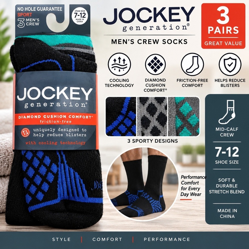 Jockey Generation Sport Mens Crew Socks 3 Pairs Black Grey Teal Size 7-12 New